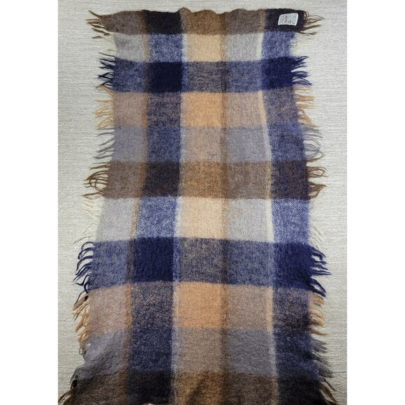 Avoca Hand Weavers Lap Blanket Scarf Shawl Brown Blue Wool Mohair Plaid Fringe - Picture 7 of 16